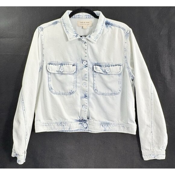 CLOTH & STONE Women Chambray Acid Wash Jacket Sz L Blue Denim Beachy hb-35 - Picture 1 of 11